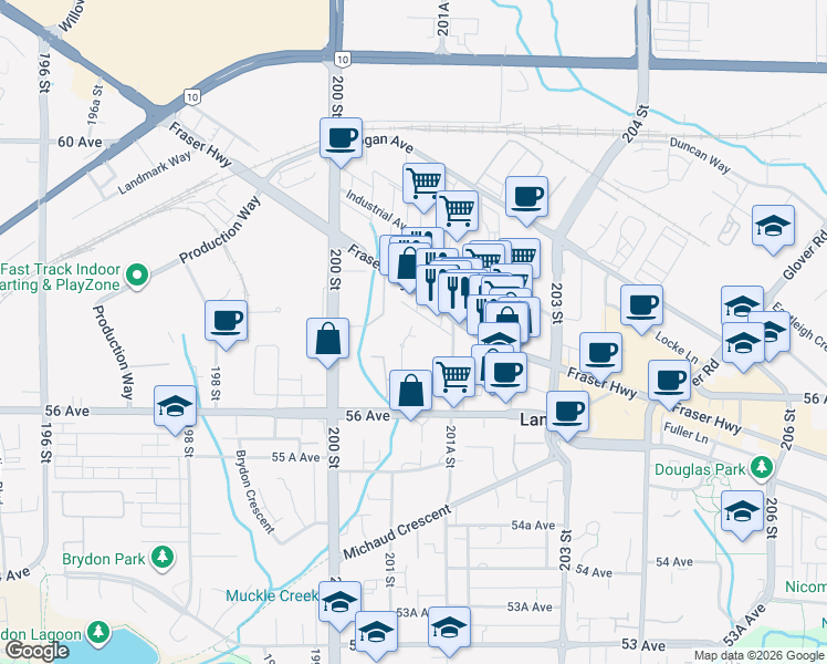 map of restaurants, bars, coffee shops, grocery stores, and more near 5710 201 Street in Langley