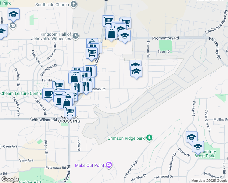 map of restaurants, bars, coffee shops, grocery stores, and more near 45812 Thomas Road in Chilliwack