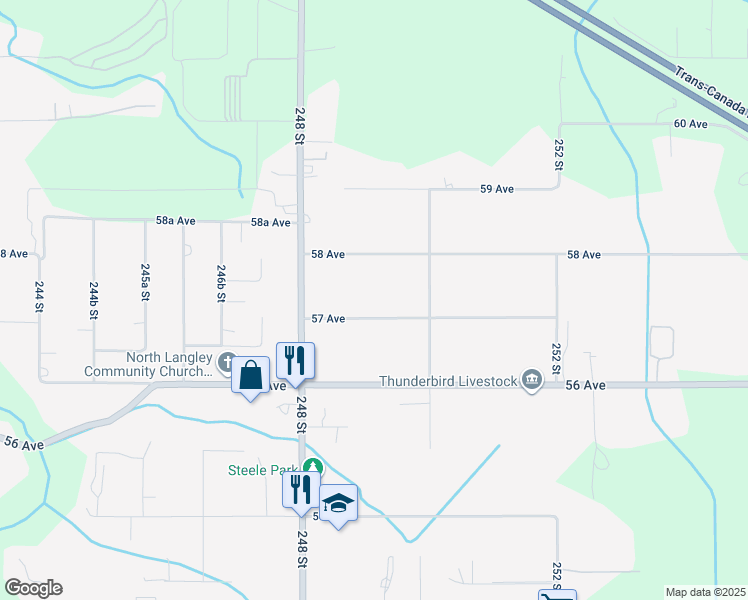 map of restaurants, bars, coffee shops, grocery stores, and more near 24919 57 Avenue in Langley Township