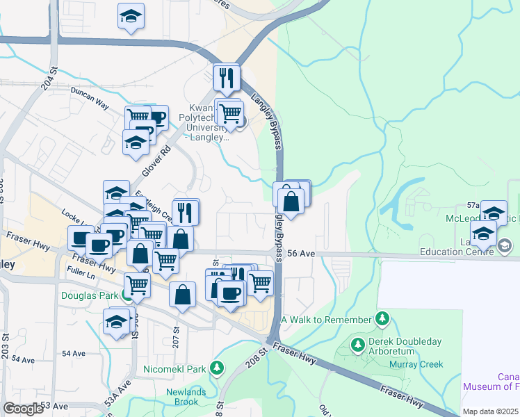 map of restaurants, bars, coffee shops, grocery stores, and more near 20897 57 Avenue in Langley