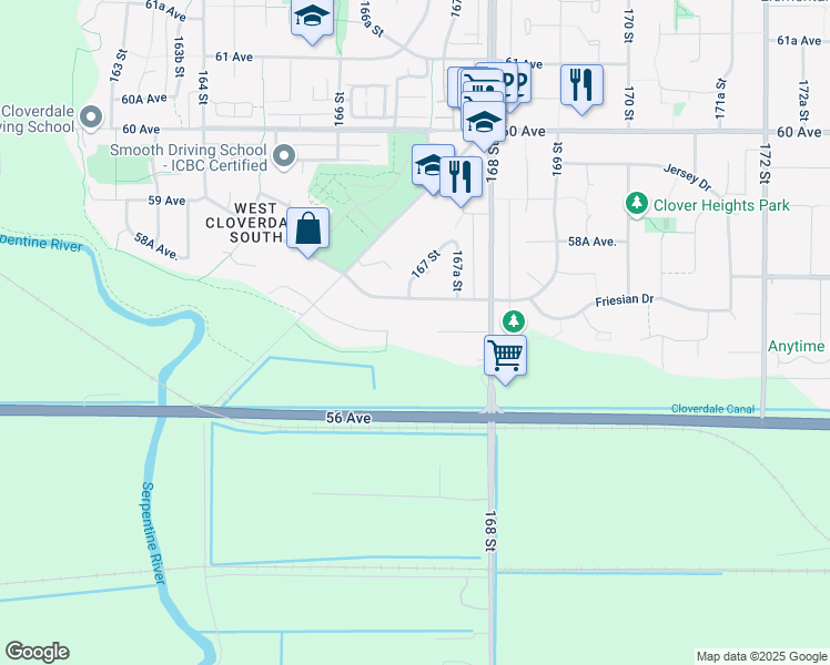 map of restaurants, bars, coffee shops, grocery stores, and more near 16713 57 Avenue in Surrey