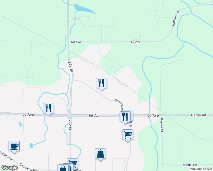 map of restaurants, bars, coffee shops, grocery stores, and more near 27353 58 Crescent in Langley Township
