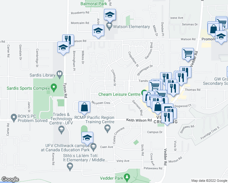 map of restaurants, bars, coffee shops, grocery stores, and more near Chehalis Drive in Chilliwack