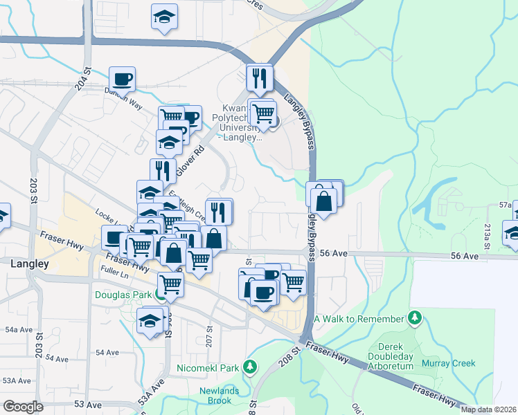 map of restaurants, bars, coffee shops, grocery stores, and more near 5708 208 Street in Langley