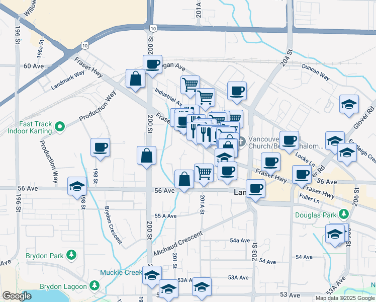 map of restaurants, bars, coffee shops, grocery stores, and more near 5710 201 Street in Langley