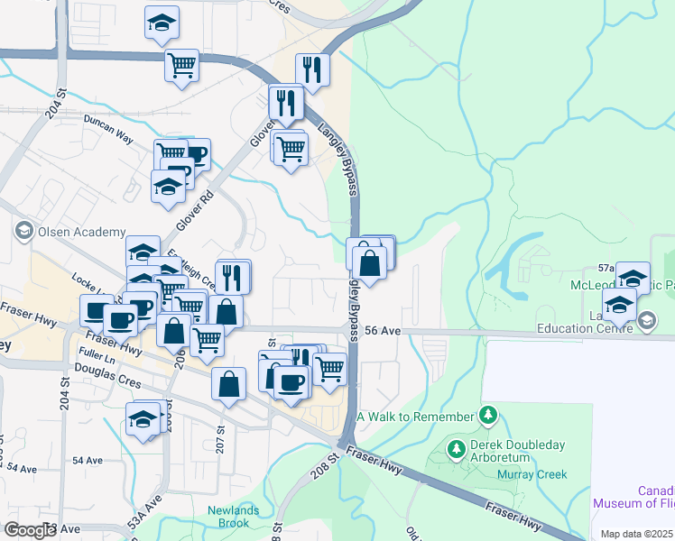 map of restaurants, bars, coffee shops, grocery stores, and more near 20897 57 Avenue in Langley