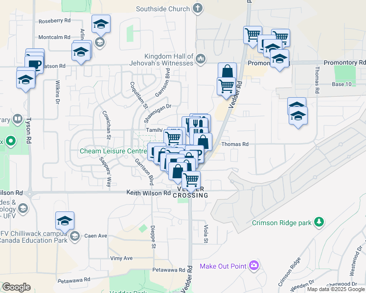 map of restaurants, bars, coffee shops, grocery stores, and more near 45595 Tamihi Way in Chilliwack