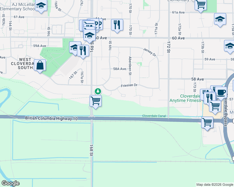 map of restaurants, bars, coffee shops, grocery stores, and more near 5737 169A Street in Surrey