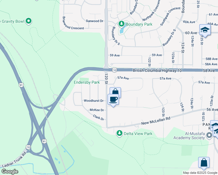 map of restaurants, bars, coffee shops, grocery stores, and more near 5700 120 Street in Surrey