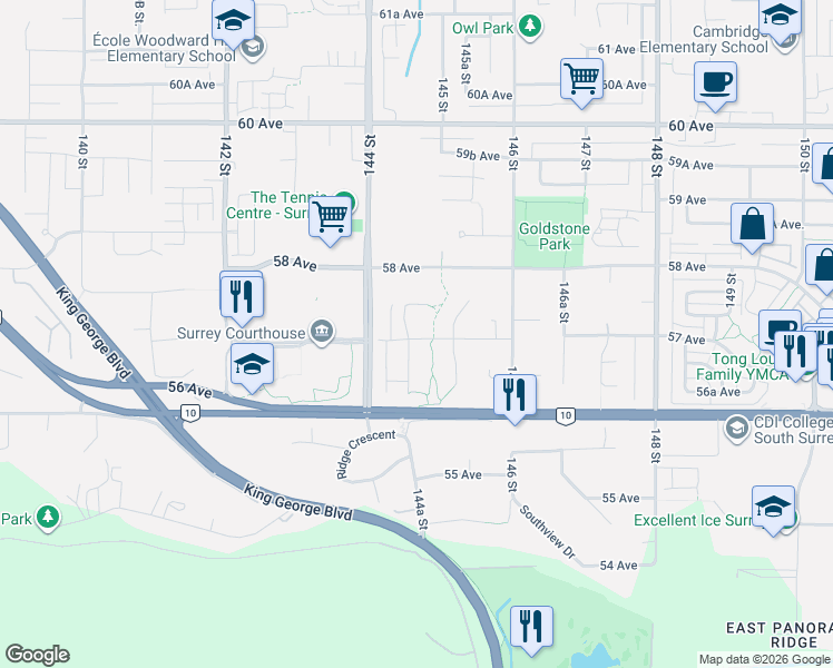 map of restaurants, bars, coffee shops, grocery stores, and more near 5730 144A Street in Surrey