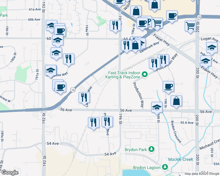 map of restaurants, bars, coffee shops, grocery stores, and more near 19515 56 Avenue in Surrey
