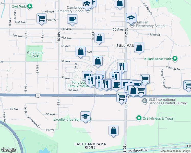 map of restaurants, bars, coffee shops, grocery stores, and more near 15068 58 Avenue in Surrey