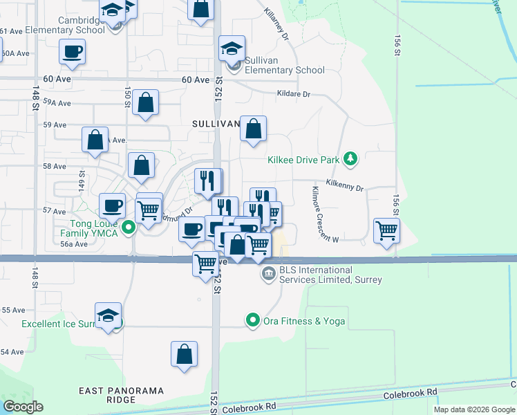 map of restaurants, bars, coffee shops, grocery stores, and more near 15296 57 Avenue in Surrey
