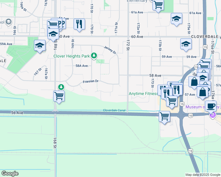 map of restaurants, bars, coffee shops, grocery stores, and more near 5739 171 Street in Surrey