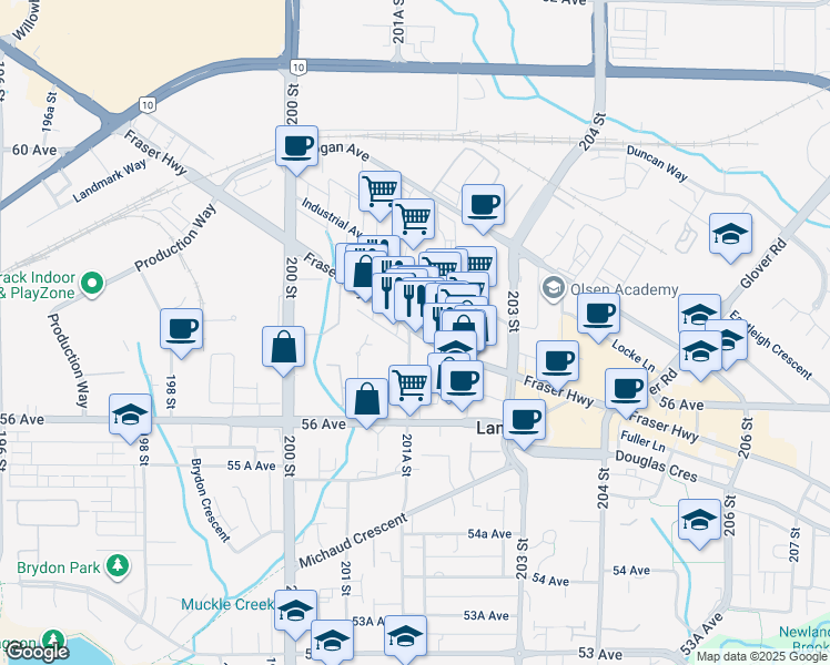 map of restaurants, bars, coffee shops, grocery stores, and more near in Langley