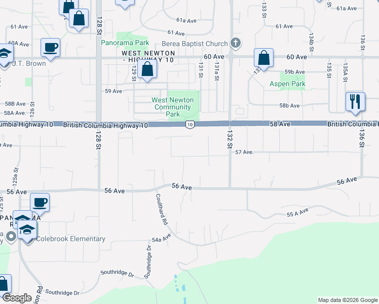 map of restaurants, bars, coffee shops, grocery stores, and more near 13083 57 Avenue in Surrey