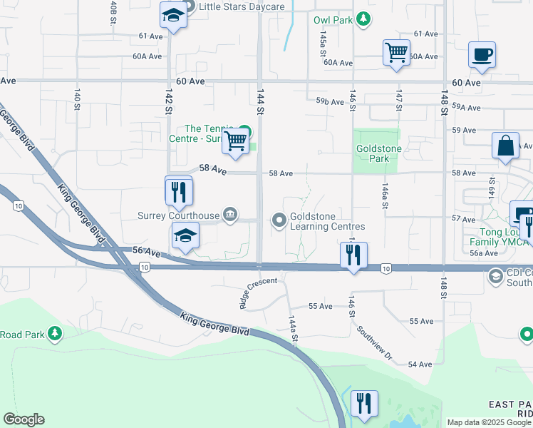 map of restaurants, bars, coffee shops, grocery stores, and more near 5712 144 Street in Surrey