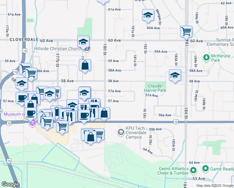 map of restaurants, bars, coffee shops, grocery stores, and more near 18058 57A Avenue in Surrey