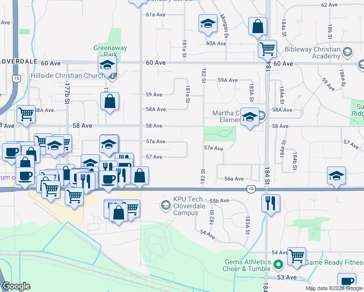 map of restaurants, bars, coffee shops, grocery stores, and more near 18134 57A Avenue in Surrey