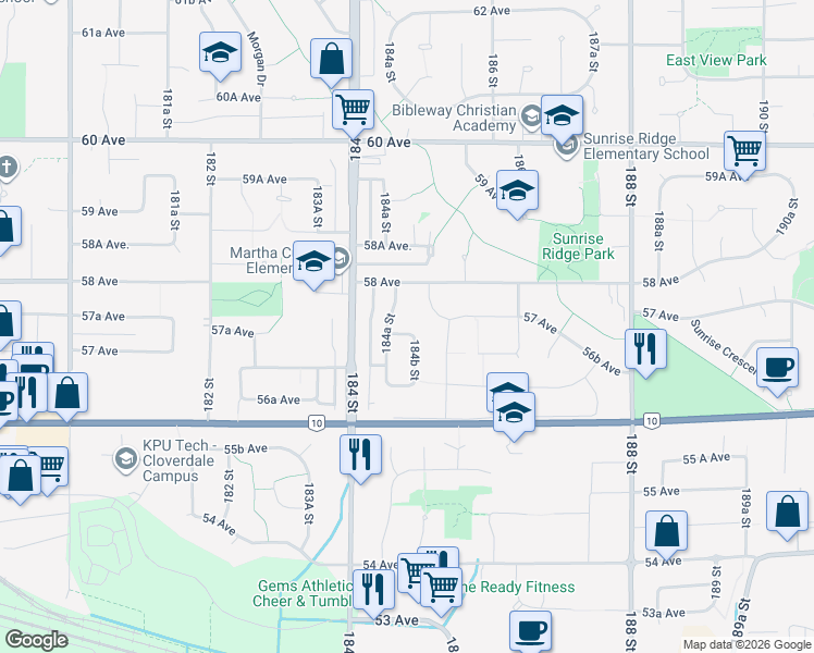 map of restaurants, bars, coffee shops, grocery stores, and more near 18477 57A Avenue in Surrey