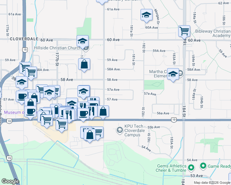 map of restaurants, bars, coffee shops, grocery stores, and more near 18058 57A Avenue in Surrey