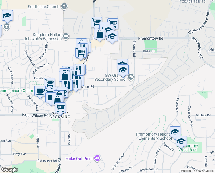 map of restaurants, bars, coffee shops, grocery stores, and more near Thomas Road in Chilliwack