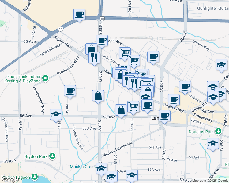 map of restaurants, bars, coffee shops, grocery stores, and more near 20068 Fraser Highway in Langley