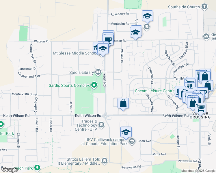 map of restaurants, bars, coffee shops, grocery stores, and more near 5725 Tyson Road in Chilliwack