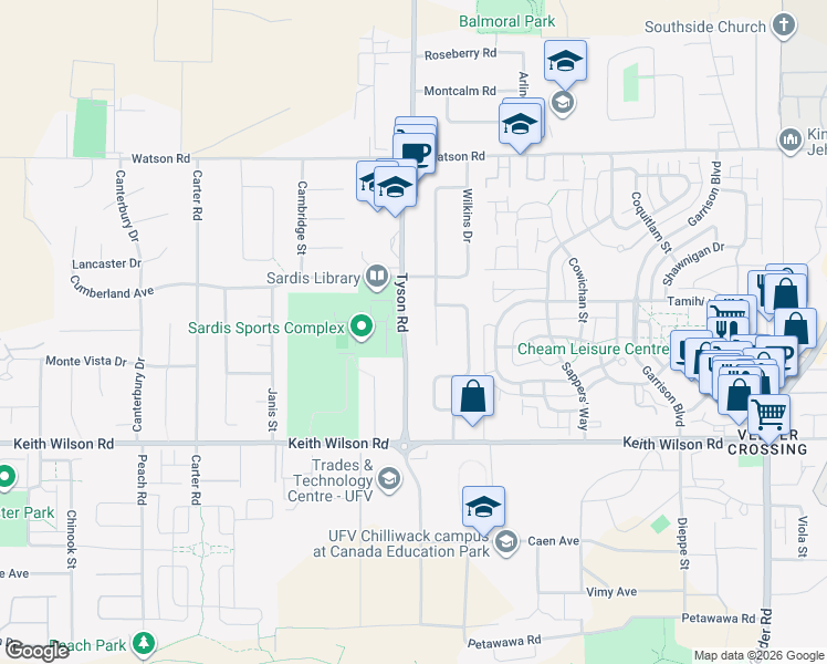 map of restaurants, bars, coffee shops, grocery stores, and more near 5754 Tyson Road in Chilliwack