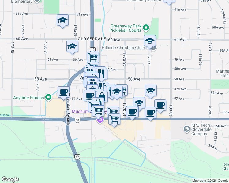 map of restaurants, bars, coffee shops, grocery stores, and more near 17712 57A Avenue in Surrey