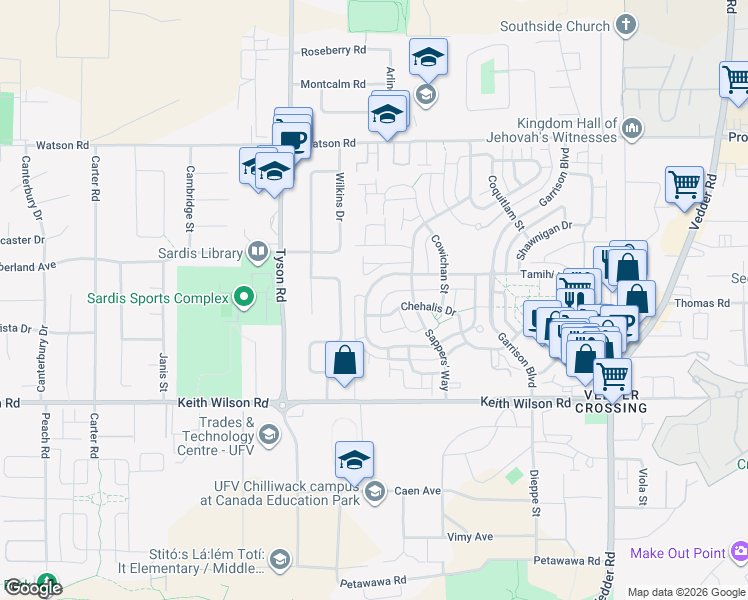 map of restaurants, bars, coffee shops, grocery stores, and more near 45218 Nicomen Crescent in Chilliwack