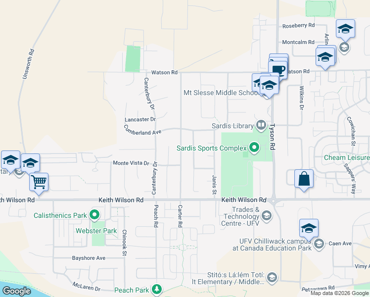 map of restaurants, bars, coffee shops, grocery stores, and more near 5762 Carter Road in Chilliwack