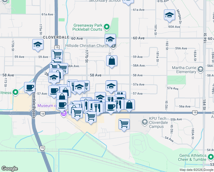 map of restaurants, bars, coffee shops, grocery stores, and more near 17884 57A Avenue in Surrey