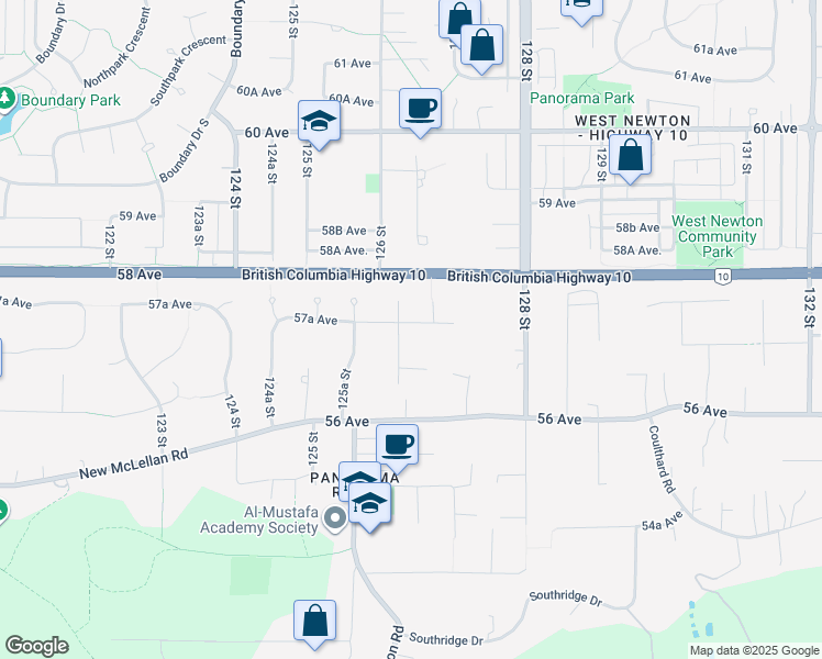 map of restaurants, bars, coffee shops, grocery stores, and more near 5748 126 Street in Surrey