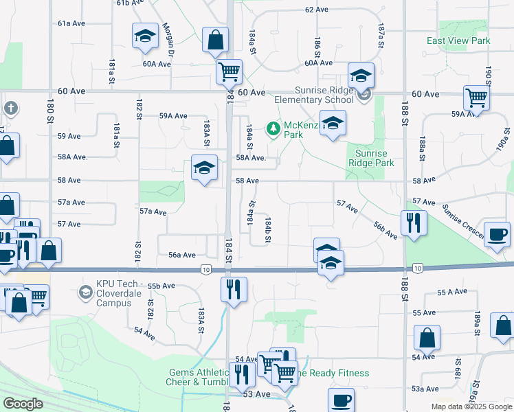 map of restaurants, bars, coffee shops, grocery stores, and more near 5772 184A Street in Surrey
