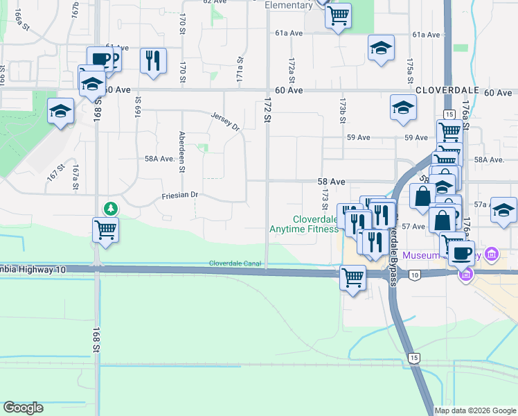 map of restaurants, bars, coffee shops, grocery stores, and more near 5737 172 Street in Surrey