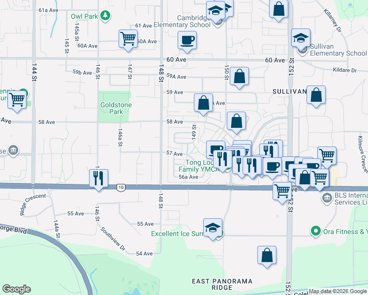 map of restaurants, bars, coffee shops, grocery stores, and more near 5731 148B Street in Surrey
