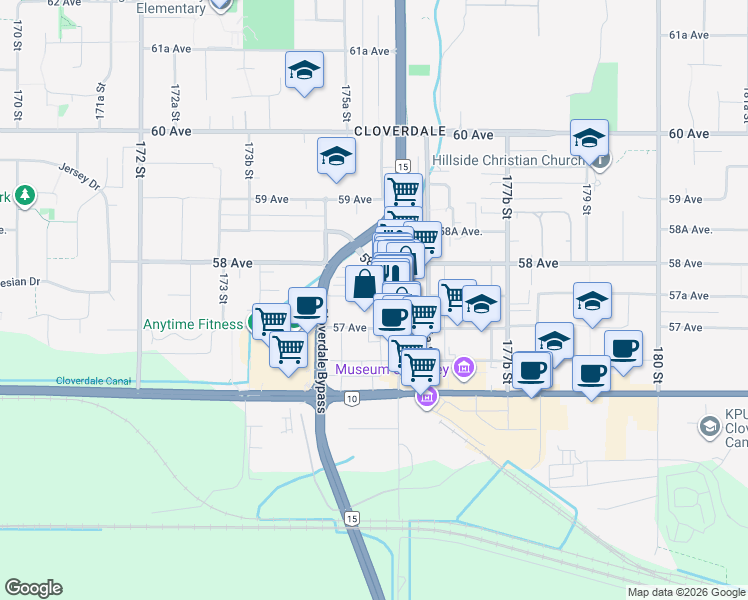 map of restaurants, bars, coffee shops, grocery stores, and more near 17578 57A Avenue in Surrey