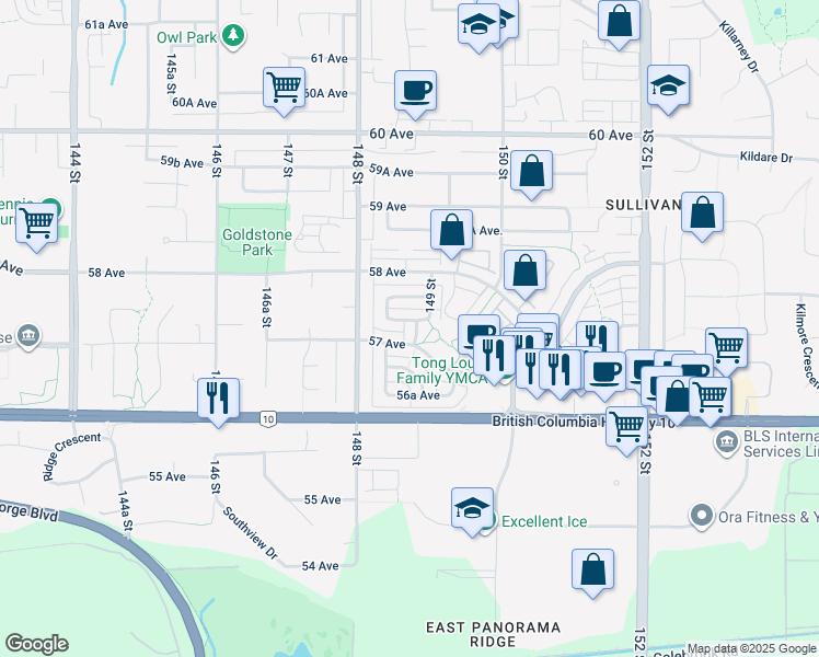 map of restaurants, bars, coffee shops, grocery stores, and more near 5731 148B Street in Surrey