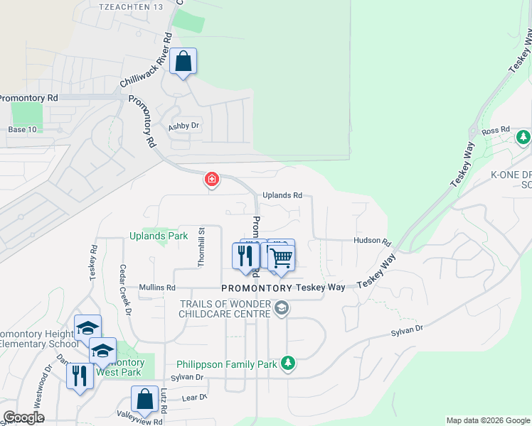 map of restaurants, bars, coffee shops, grocery stores, and more near 5756 Promontory Road in Chilliwack