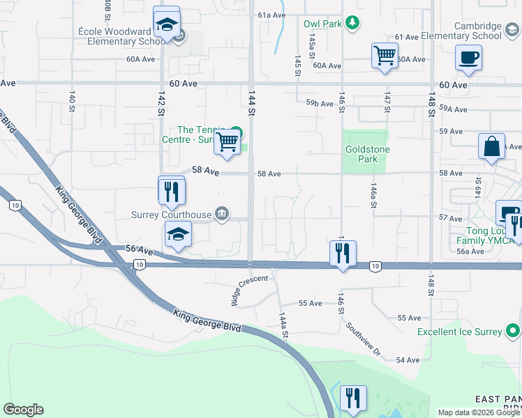 map of restaurants, bars, coffee shops, grocery stores, and more near 5718 144 Street in Surrey