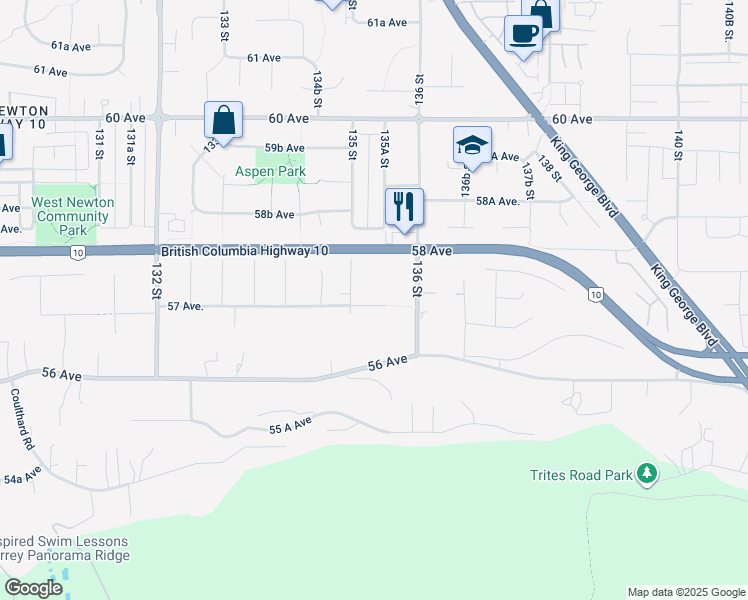 map of restaurants, bars, coffee shops, grocery stores, and more near 13531 57 Avenue in Surrey