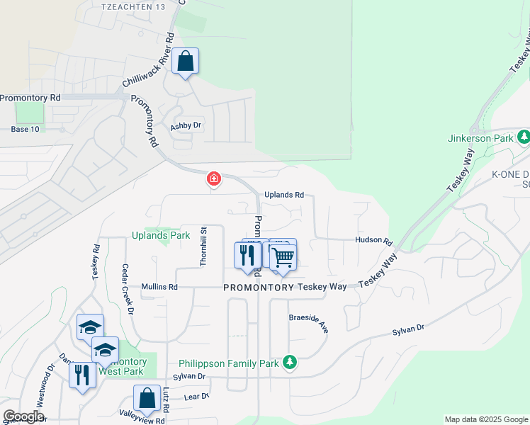 map of restaurants, bars, coffee shops, grocery stores, and more near 5756 Promontory Road in Chilliwack