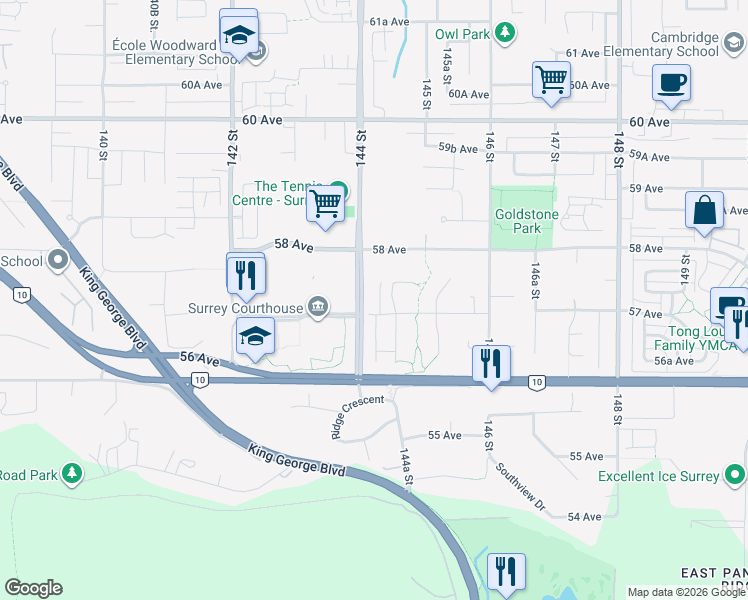 map of restaurants, bars, coffee shops, grocery stores, and more near 5718 144 Street in Surrey