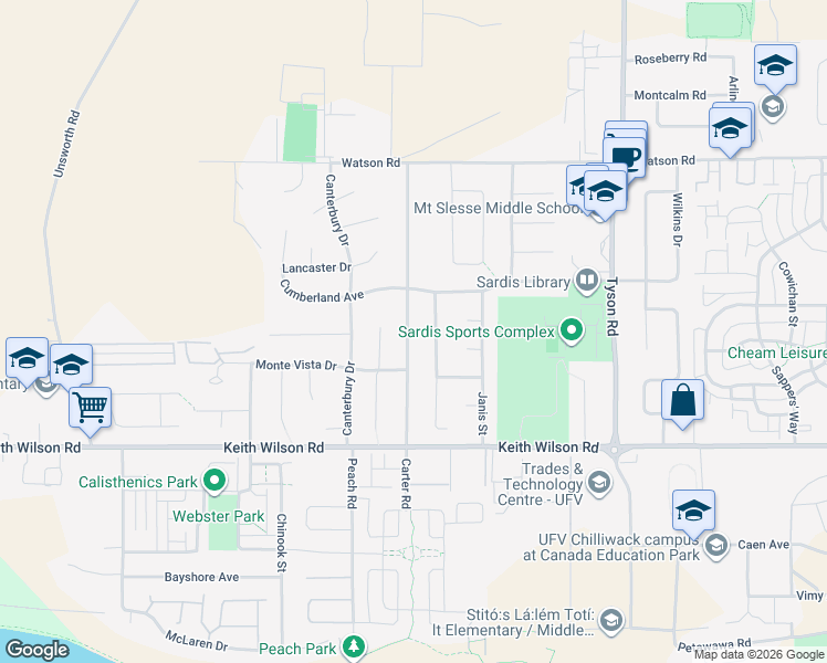 map of restaurants, bars, coffee shops, grocery stores, and more near 5750 Carter Road in Chilliwack