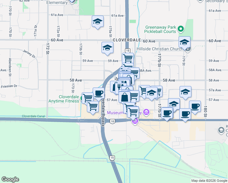 map of restaurants, bars, coffee shops, grocery stores, and more near in Surrey