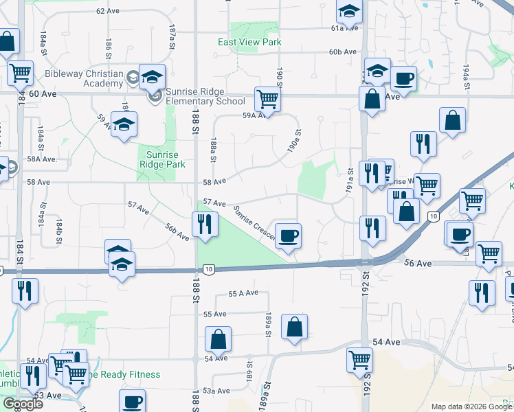 map of restaurants, bars, coffee shops, grocery stores, and more near 18936 57 Avenue in Surrey