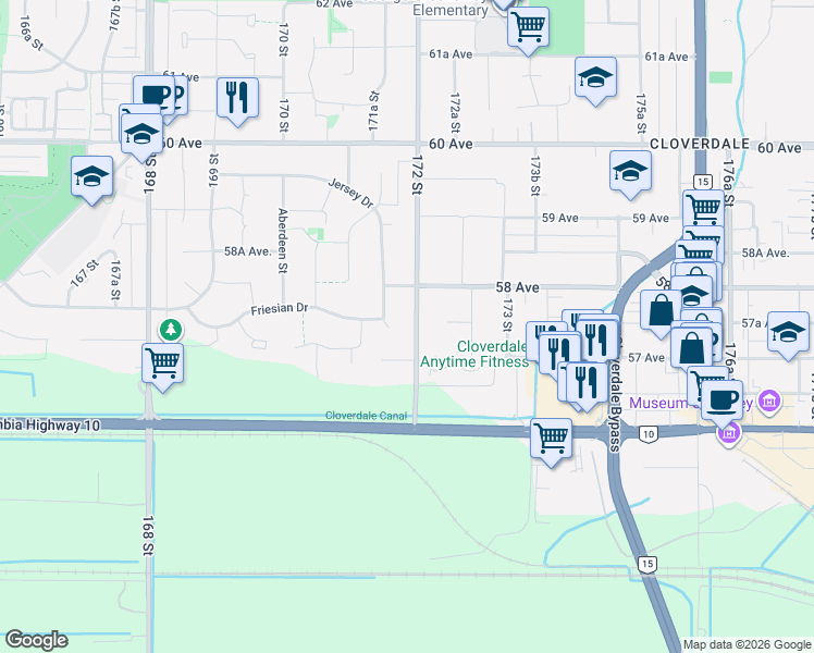 map of restaurants, bars, coffee shops, grocery stores, and more near 5745 172 Street in Surrey
