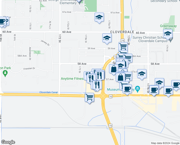 map of restaurants, bars, coffee shops, grocery stores, and more near 5750 174 Street in Surrey