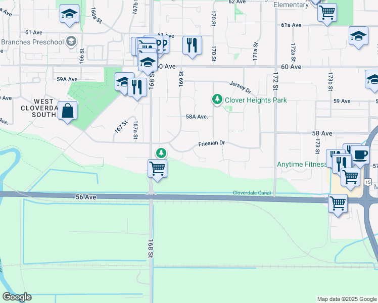map of restaurants, bars, coffee shops, grocery stores, and more near 5737 169A Street in Surrey